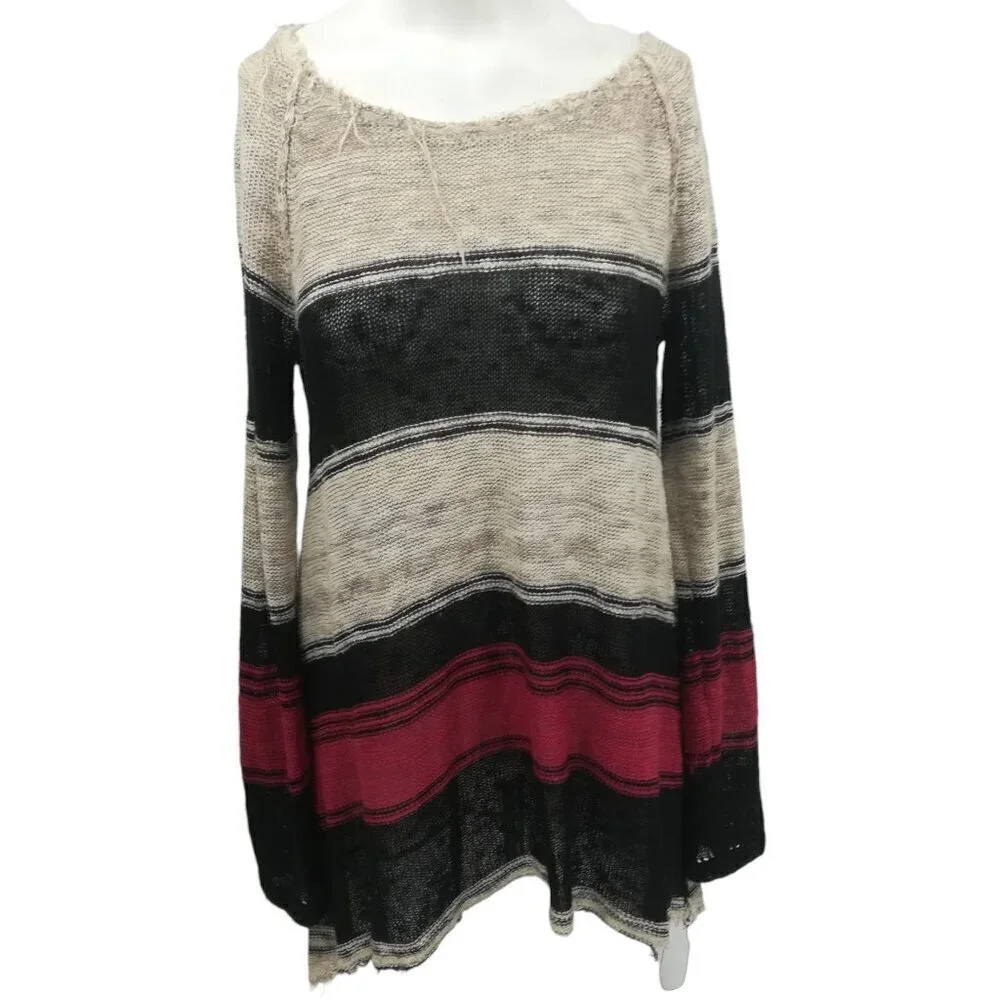 Free People Open Knit Tunic Hi Low Sweater Size S Striped Boho Bohemian Beige